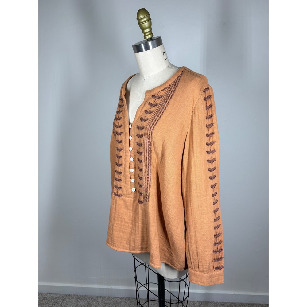 Pure Jill Womens Blouse LP Burnt Orange Embroidered Gauze Boho Peasant Top - Picture 8 of 14